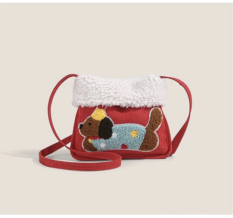 Red party pup sherpa faux suede mini crossbody bag with playful puppy design for winter streetwear