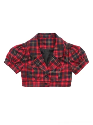 Red plaid cropped blazer top with notched lapel, short puff sleeves, two button closure, and bold Y2K Korean streetwear tartan design