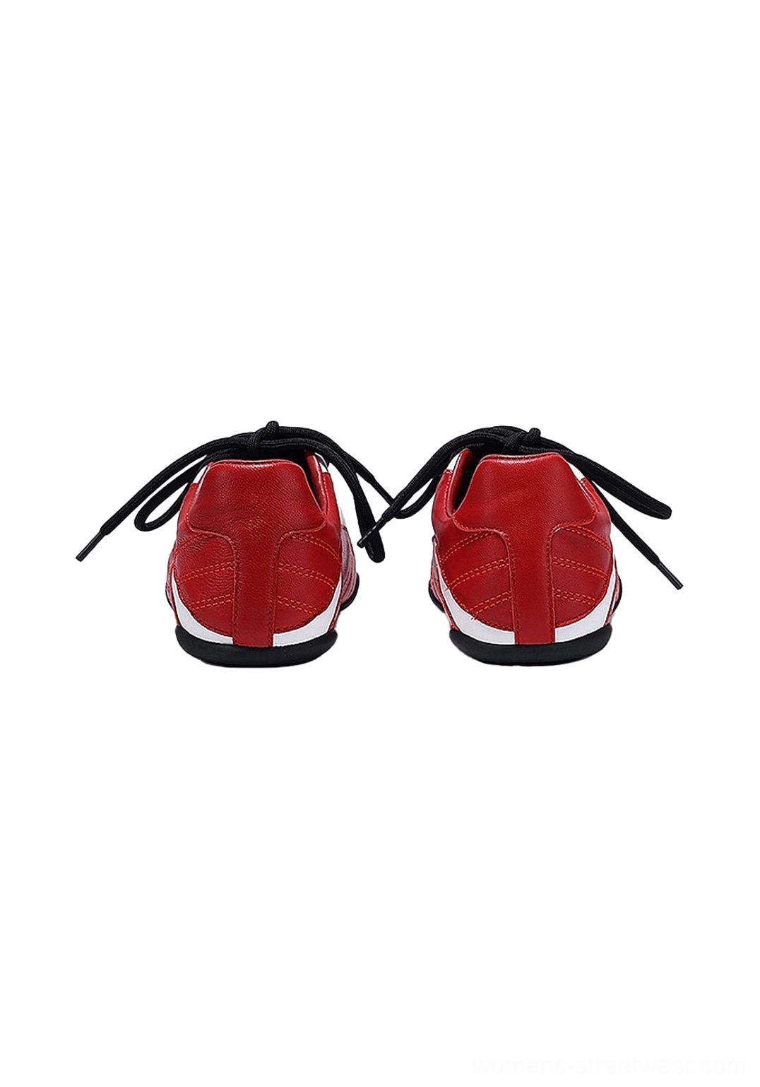 Red quilted panel flat sole sneakers with white contrast detailing displayed as a fashion streetwear footwear product view