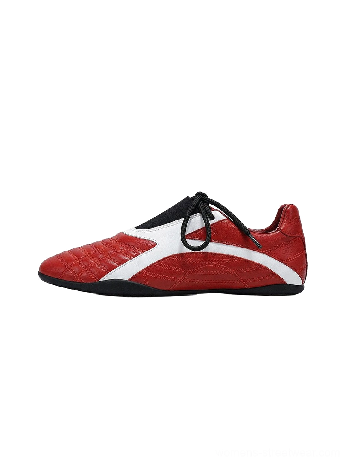 Red quilted panel flat sole sneakers with white contrast accents, black laces, and black rubber outsole shown in side profile
