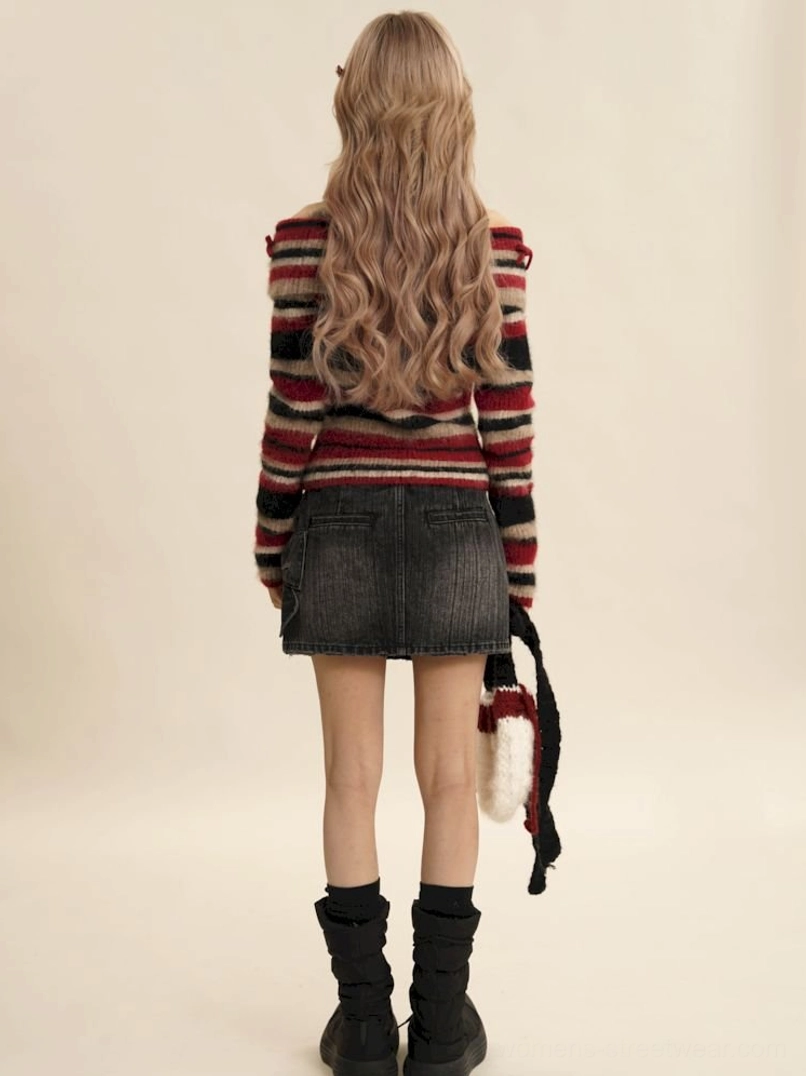 Back view of red retro striped off-shoulder fuzzy knit sweater showing fitted long sleeve silhouette and textured knit