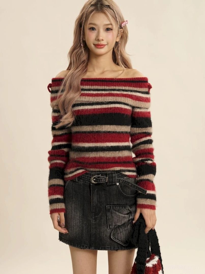 Red retro striped off-shoulder fuzzy knit sweater product view with long sleeves and a wide shoulder-baring neckline