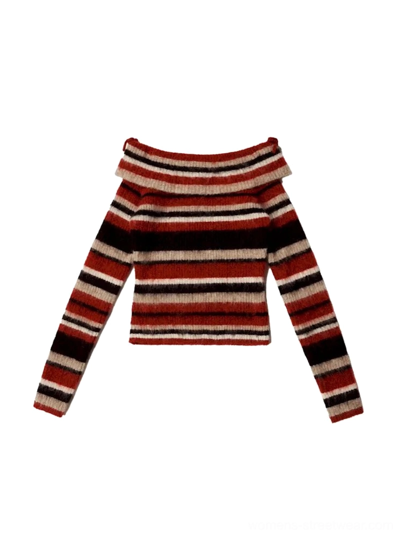Red retro striped off-shoulder fuzzy knit sweater in size variation image with fitted long sleeves and wide boat neckline