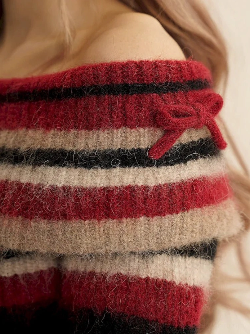 Red retro striped off-shoulder fuzzy knit sweater detailed product image highlighting the textured striped knit design