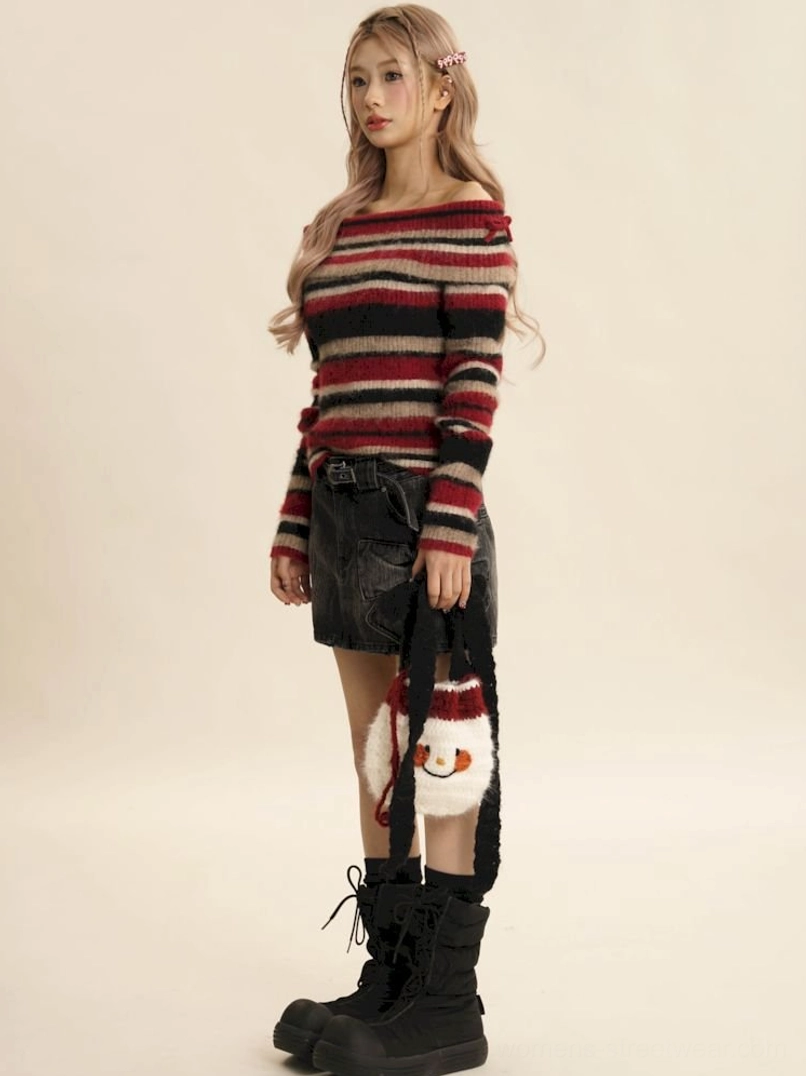 Three-quarter side view of red retro striped off-shoulder long sleeve knit sweater styled in a Y2K streetwear outfit