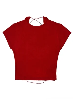 Flat lay view of a red ribbed backless stretch crop tee showing the slim fit, cropped hem, and adjustable crisscross tie-back design