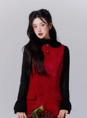 Red sleeveless tweed mini dress with black feather hem, faux fur collar and layered black long sleeve top