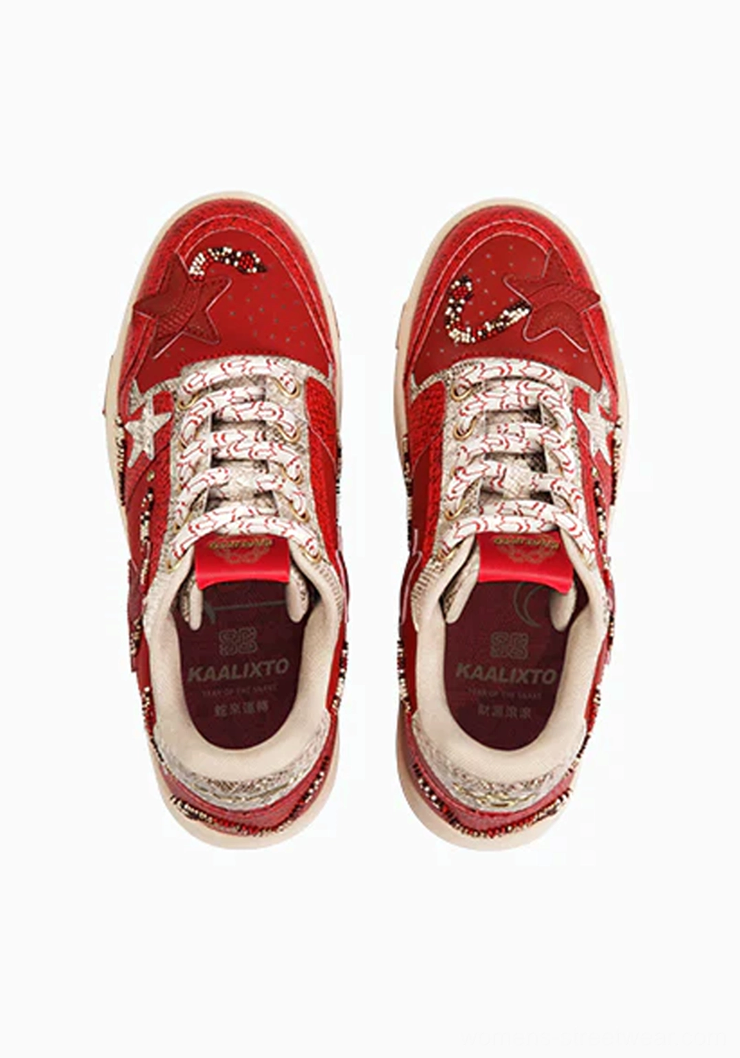 Unisex red snake-embossed star sneakers designed for Korean streetwear, casual outfits, and statement fashion styling