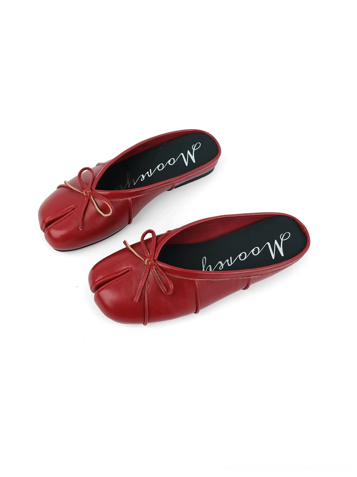 Red split tabi toe bow strap mules offering a bold color accent for modern streetwear outfits