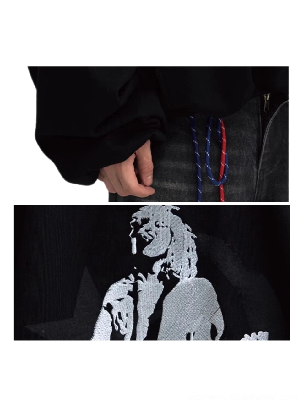 Red star graphic black hoodie with relaxed unisex silhouette for Y2K and alternative streetwear outfits
