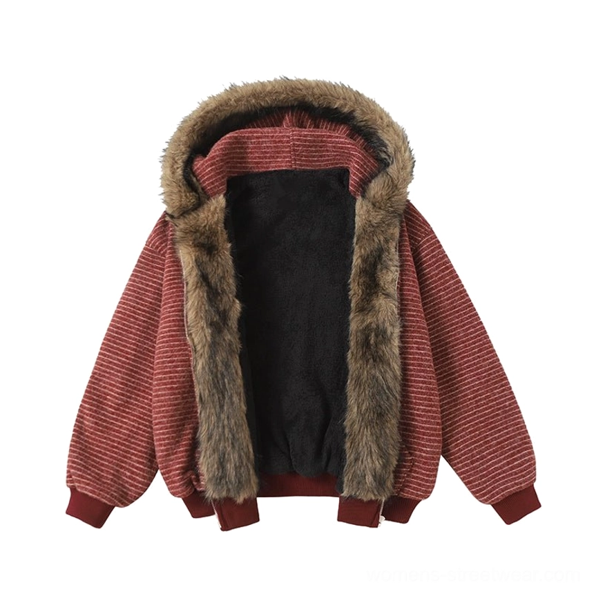 Red striped faux fur hooded jacket color option with a cozy oversized silhouette and bold winter streetwear styling