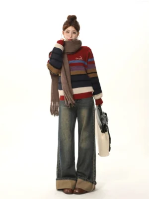 Relaxed red striped knit sweater outfit with wide-leg jeans brown tassel scarf and handbags for Seoul-inspired casual fashion