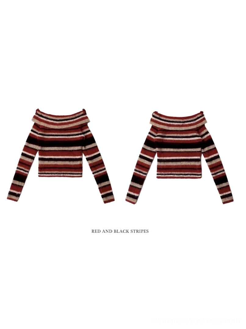 Red striped off-shoulder fuzzy knit sweater alternate product view for Korean fashion and Y2K streetwear styling
