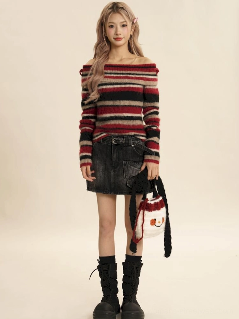 Red striped off-shoulder knit sweater front view paired with washed black denim mini skirt and black platform boots