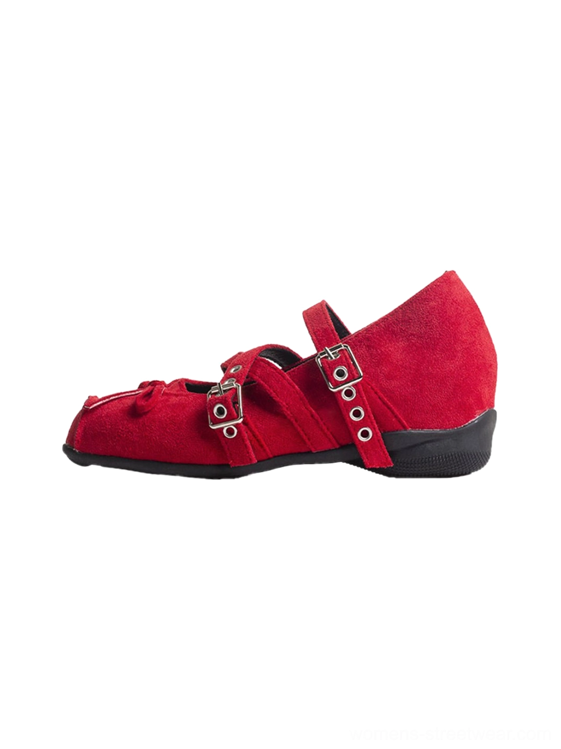 Red suede square-toe double-strap Mary Jane flats with front bow and adjustable buckle straps