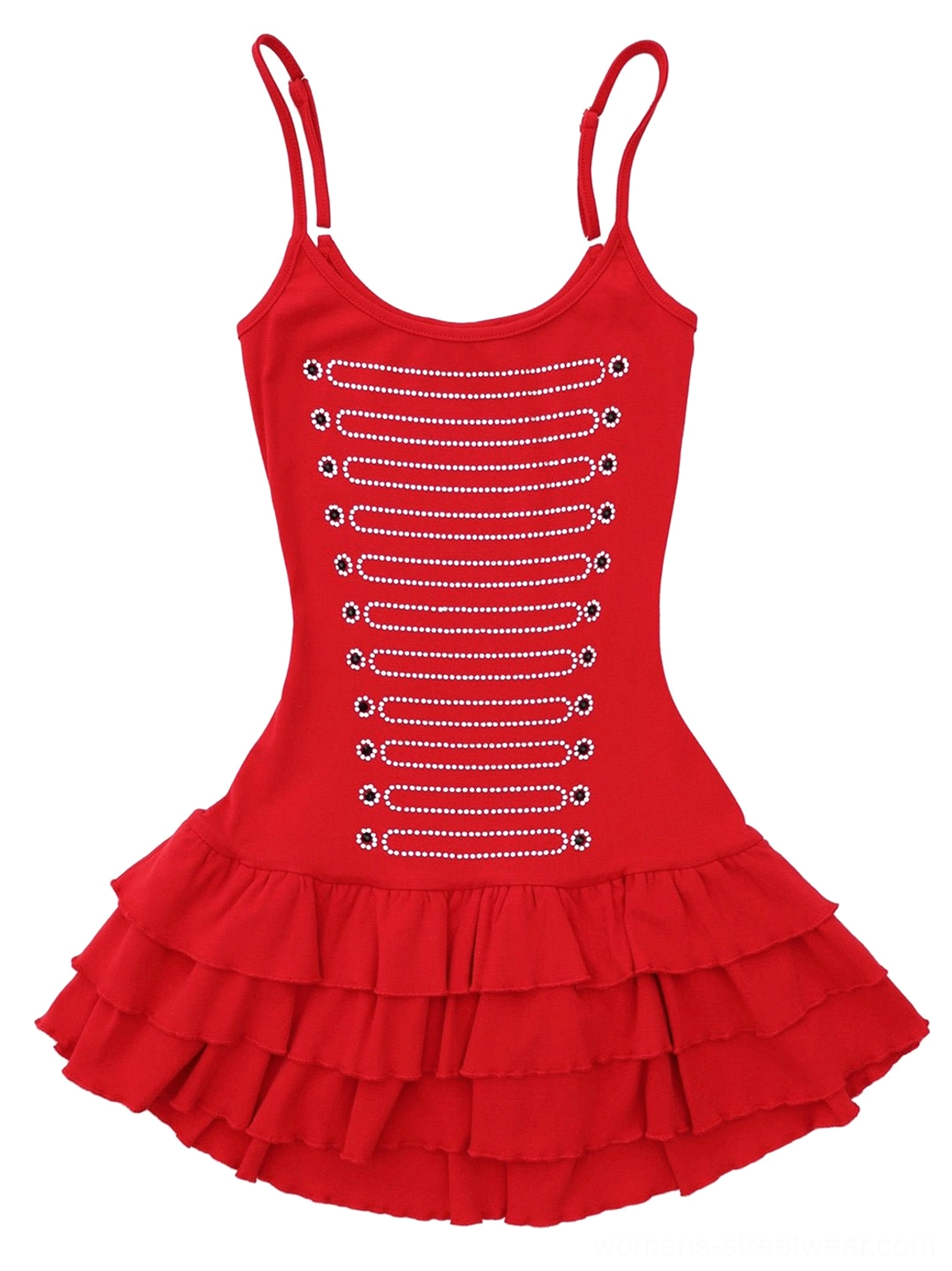 Red tiered rhinestone spaghetti strap mini dress with sparkling red front decorations and layered ruffle hem displayed flat