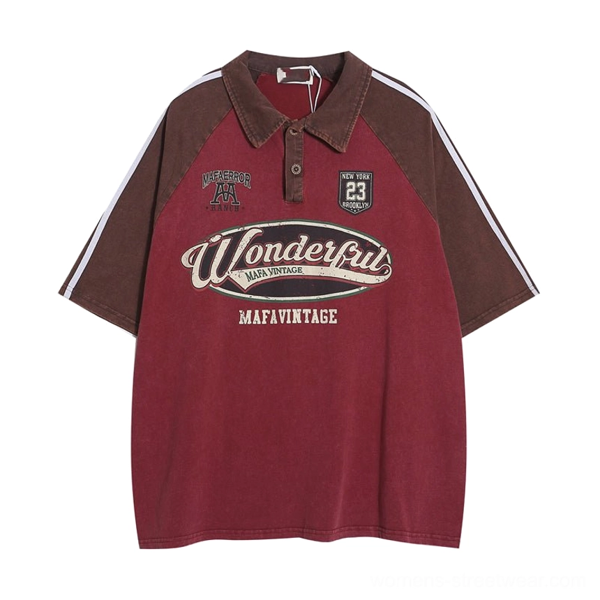 Red vintage oversized contrast raglan polo shirt with retro graphic styling, classic polo collar, and relaxed streetwear fit