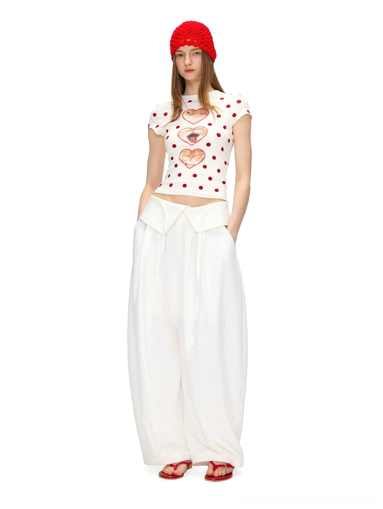Red and white heart cat polka dot graphic T-shirt with cap sleeves, crew neckline, stretch knit fabric, and fitted Y2K shape