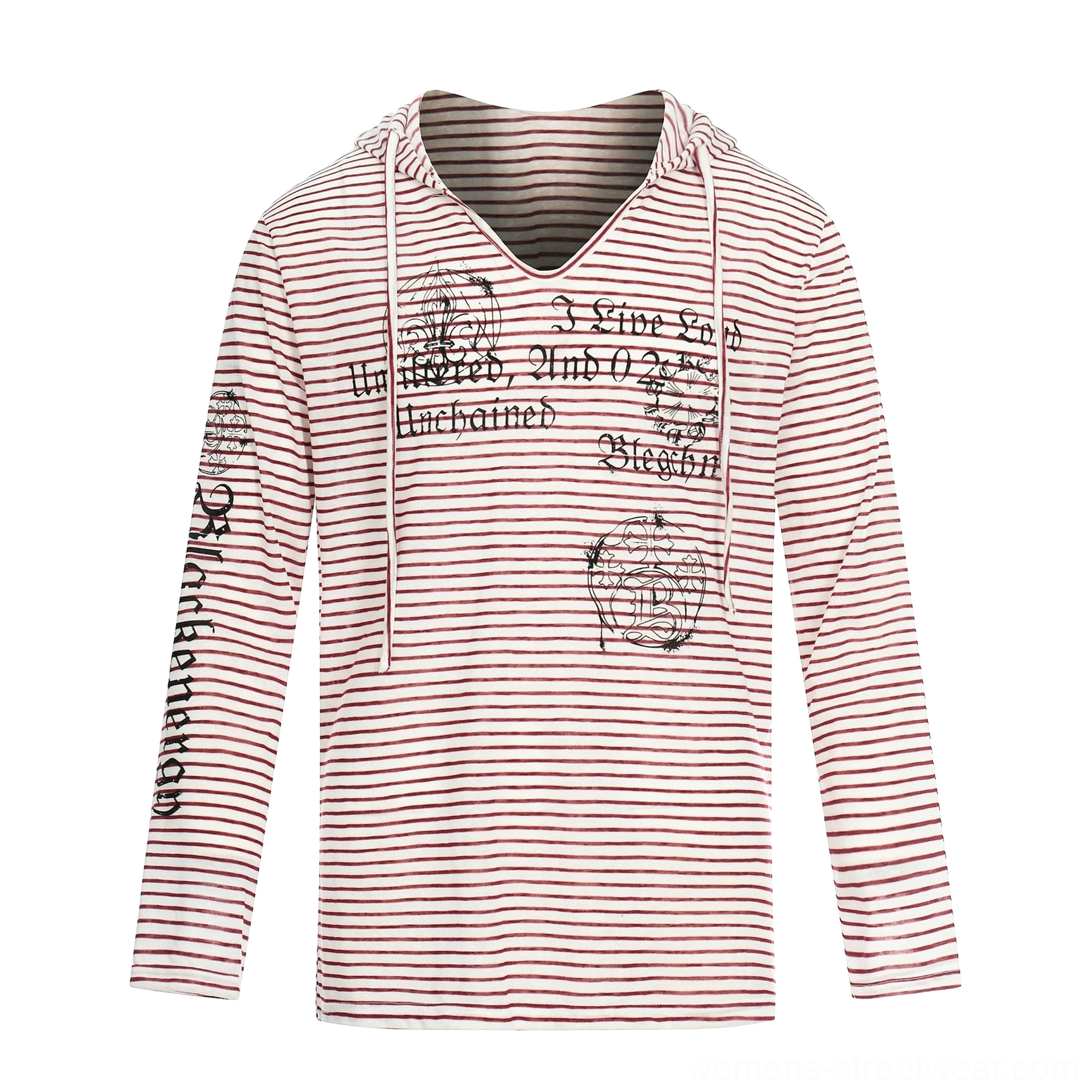 Red and white striped gothic hooded long sleeve top with front script graphics for Y2K grunge and alternative streetwear outfits