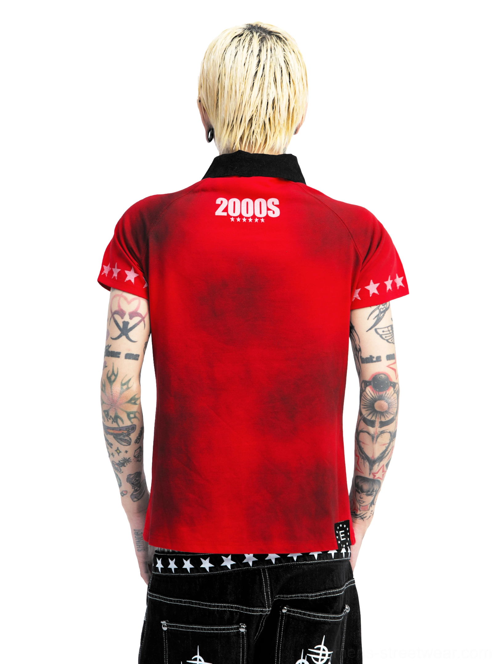 Red Y2K star sleeve polo back studio view with 2000s upper back graphic