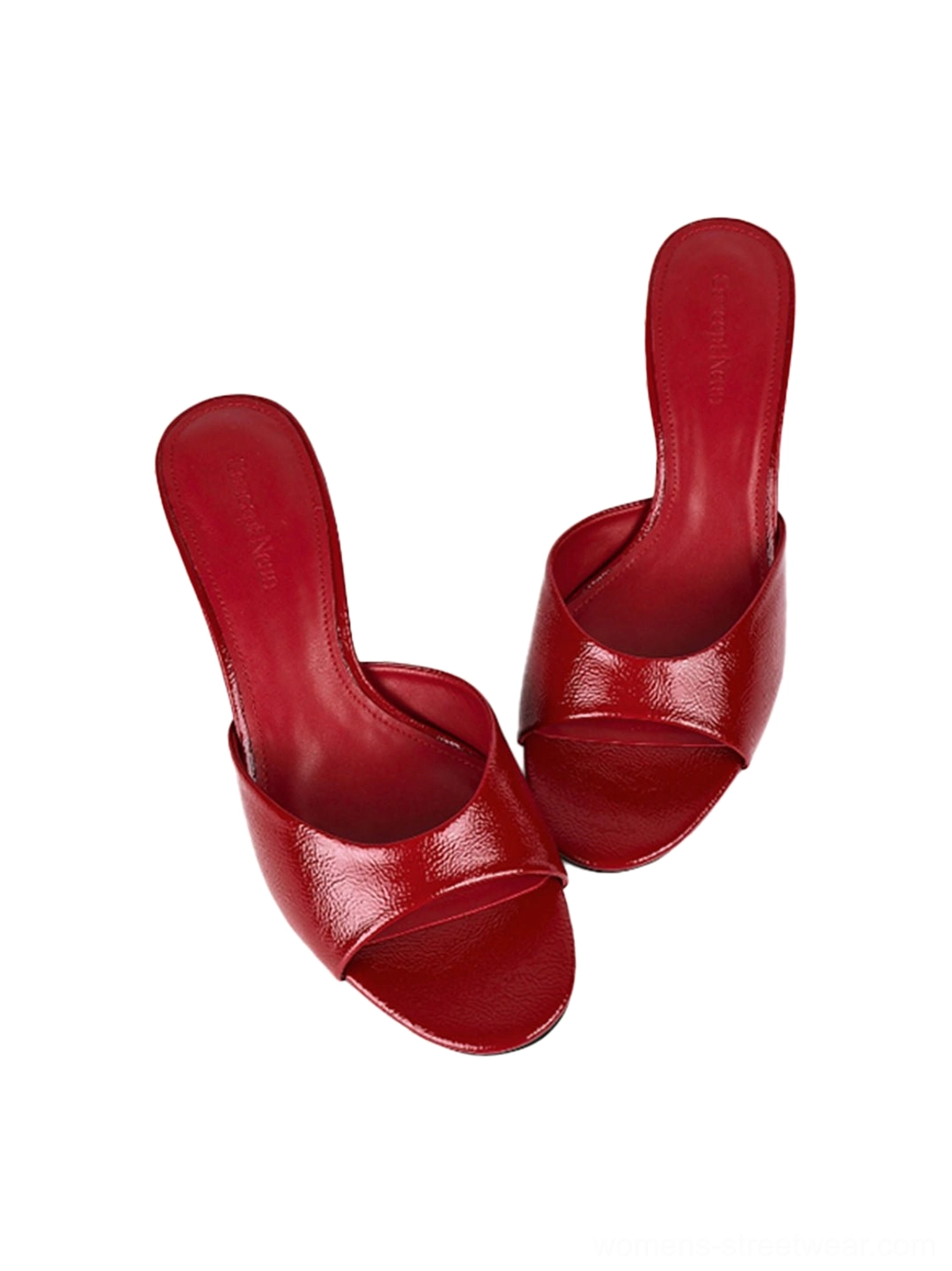 Refined patent open-toe kitten-heel slides with a clean single-band upper design