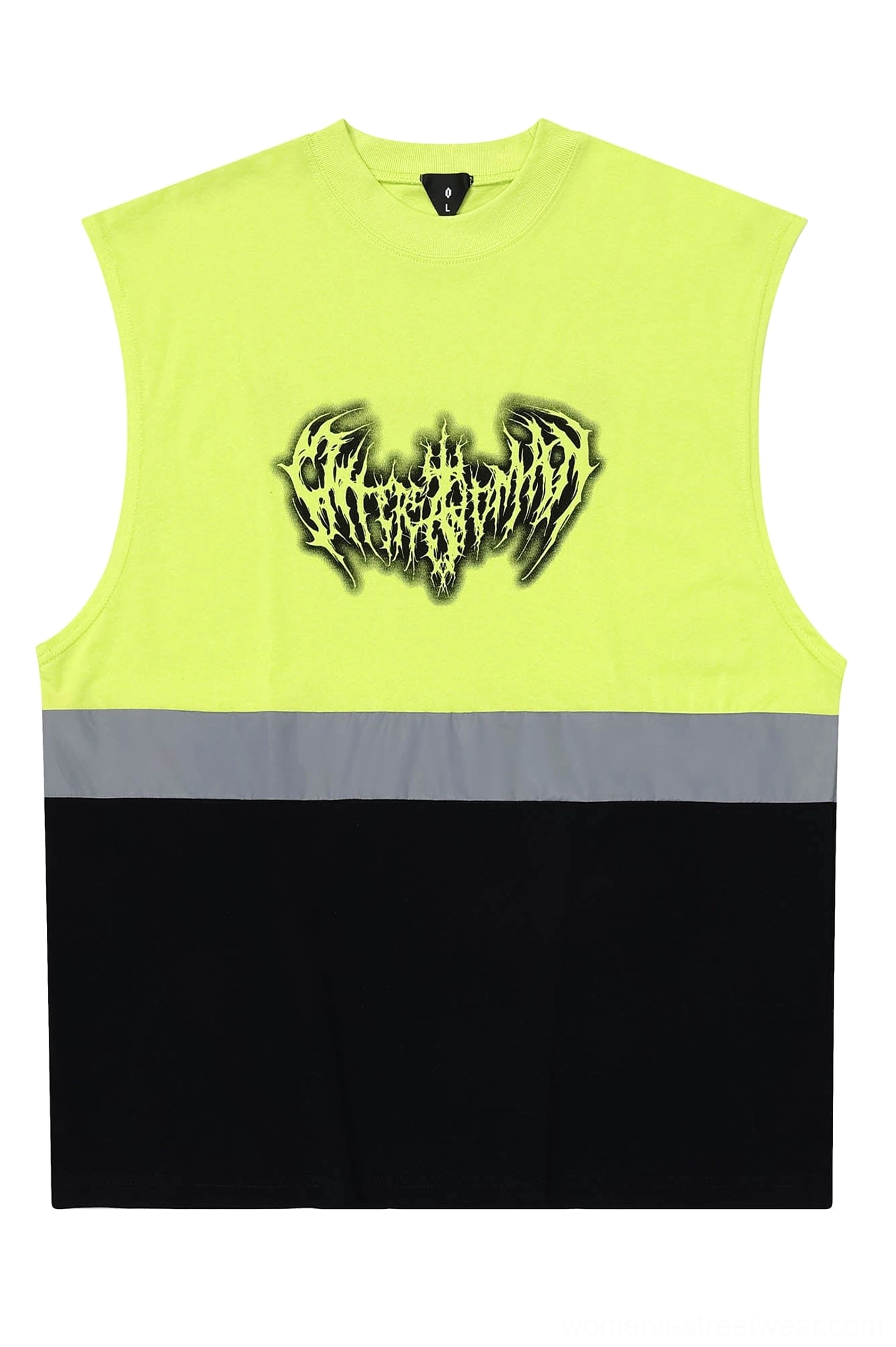 Reflective colorblock tank top with neon gothic graphic styling for summer streetwear outfits