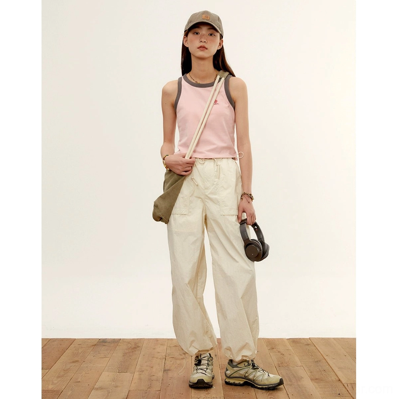 relaxed nylon cargo pants product detail shot quality craftsmanship durability