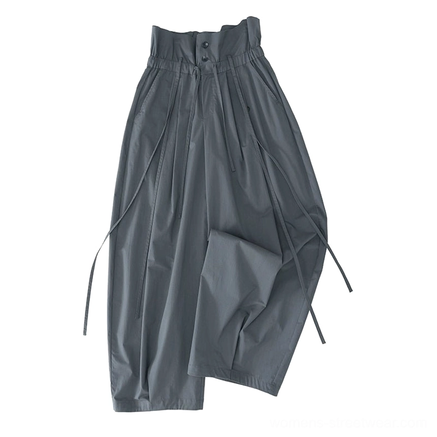 Dark gray relaxed drawstring paperbag wide-leg streetwear trousers color option product view