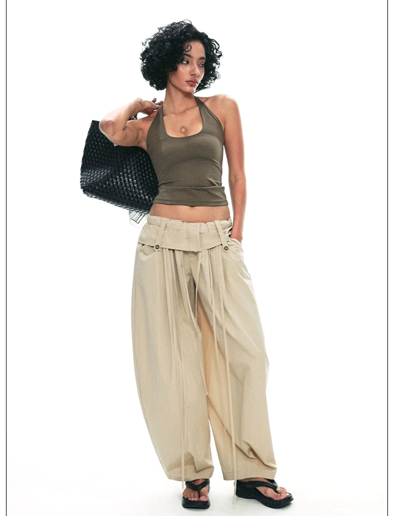 Relaxed drawstring paperbag wide-leg streetwear trousers editorial product detail view
