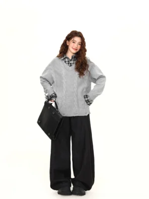 Women relaxed drop shoulder cable knit V-neck sweater with built-in plaid collar and cuffs styled as Korean preppy streetwear