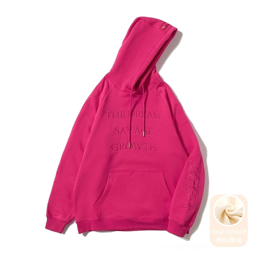 Relaxed embossed graphic hoodie product image with dropped shoulders, ribbed cuffs, and contemporary oversized proportions
