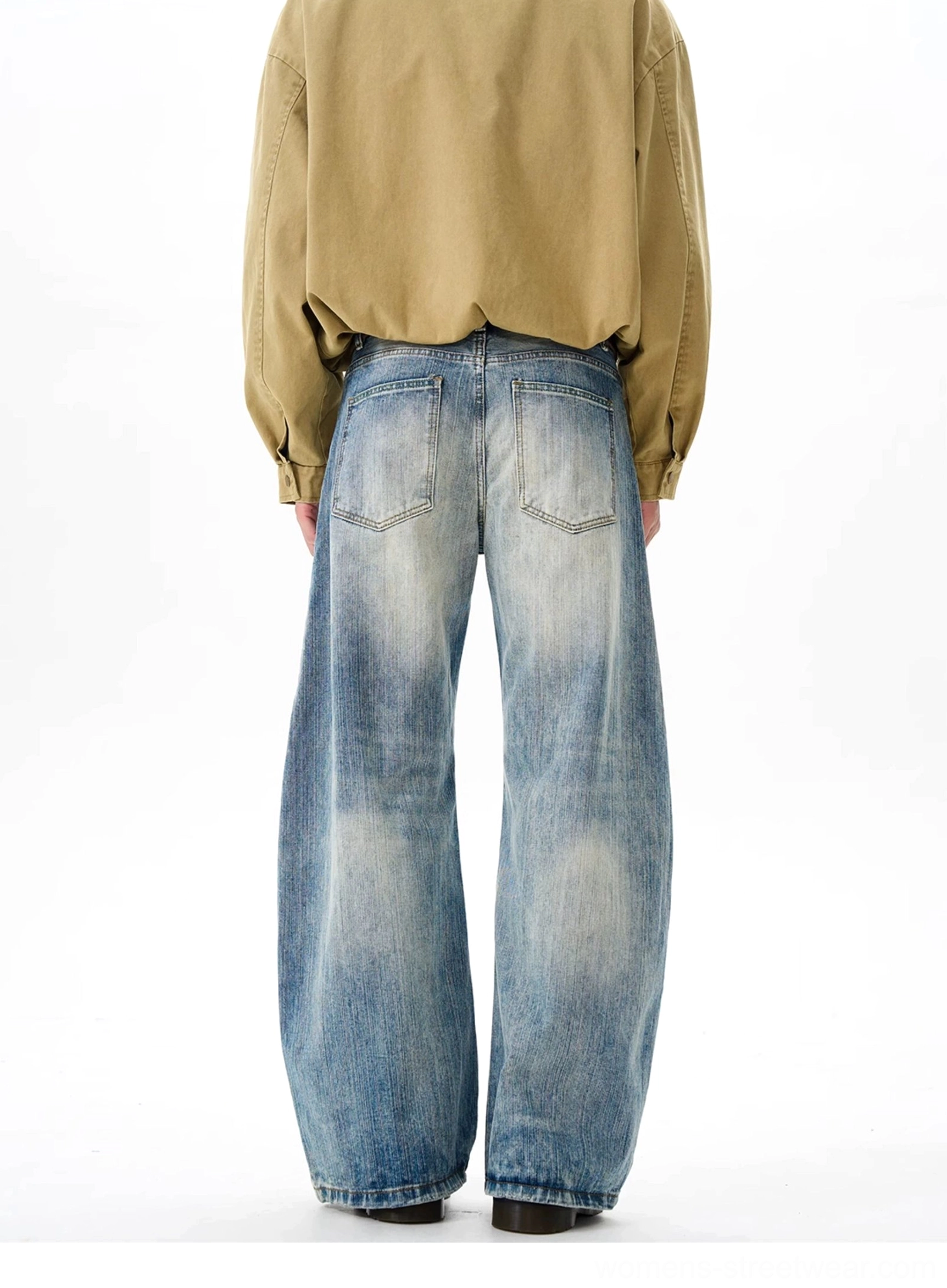 Relaxed faded blue wide leg denim jeans back view with classic double back pockets