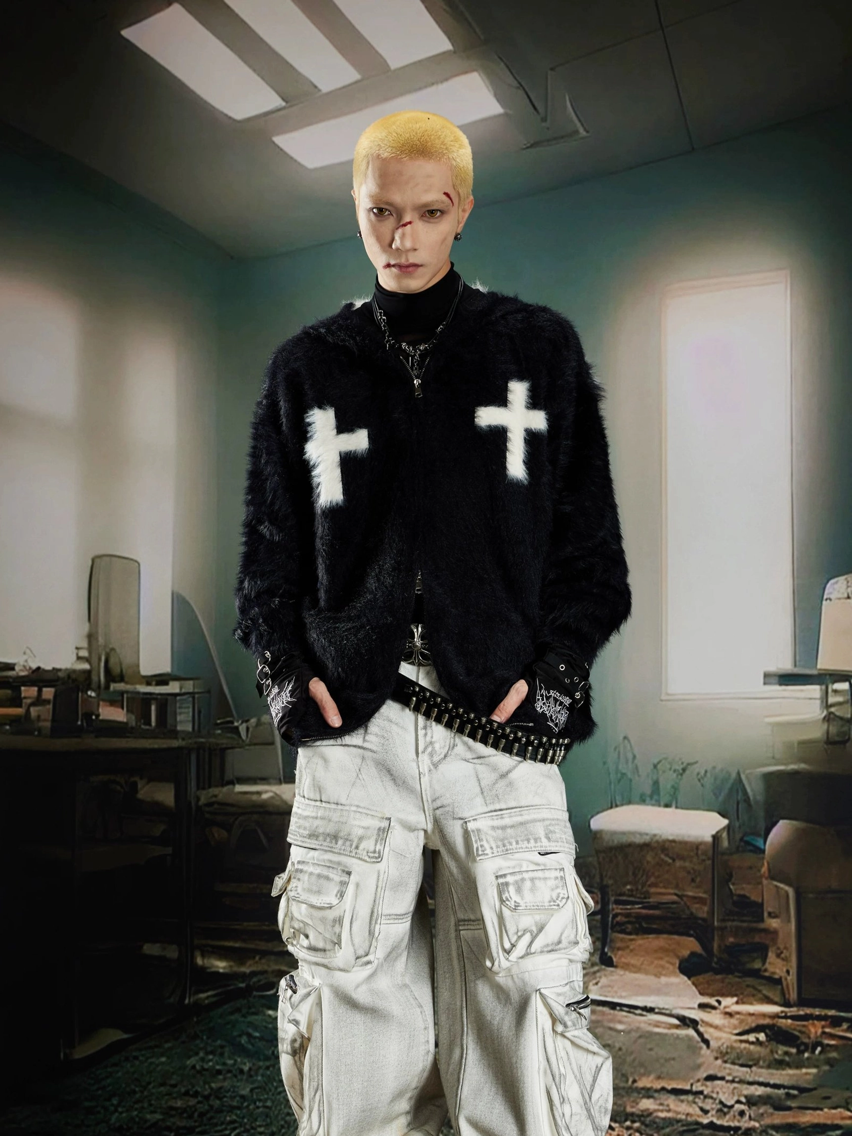 Relaxed faux fur zip hoodie with cross details for avant garde gothic streetwear outfits