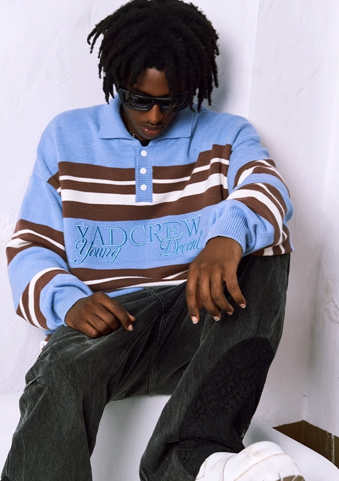 Relaxed fit blue striped embroidered polo knit sweater unisex fashion view