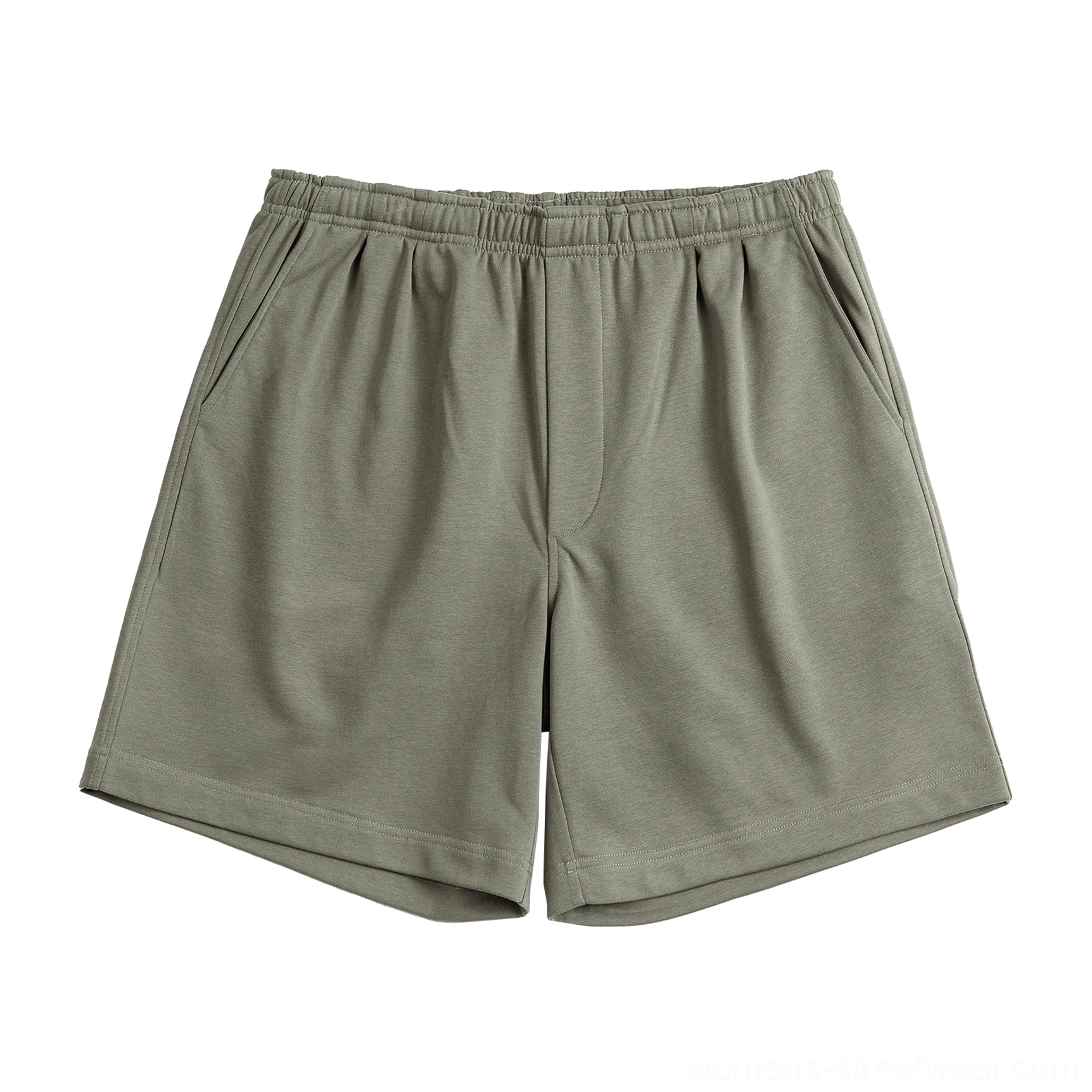 Sage olive green relaxed fit cotton blend shorts with elastic waistband, side seam pockets and straight cut hem