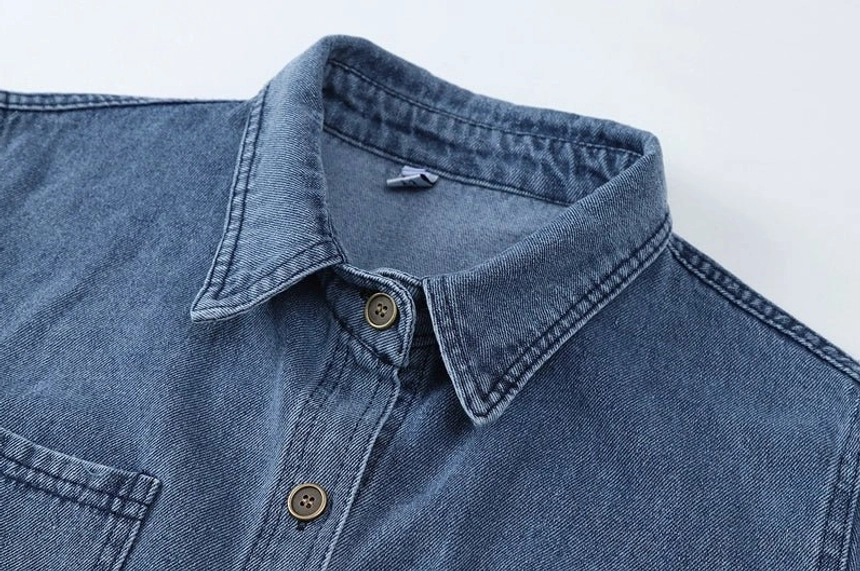 Relaxed fit dark blue denim shirt jacket for women designed for Korean fashion, casual outfits, and everyday streetwear
