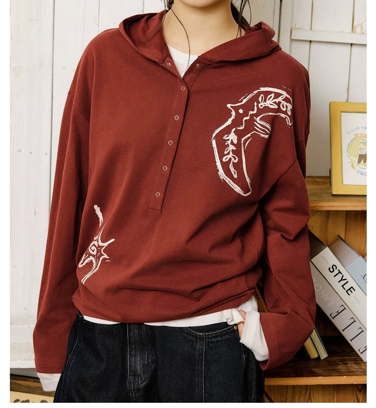 Relaxed fit embroidered graphic polo shirt with half-button Henley neckline and expressive hand-drawn streetwear artwork