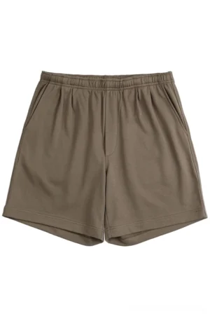 Taupe brown relaxed fit French terry streetwear shorts with elastic waistband, side pockets and straight leg hem displayed on a white background