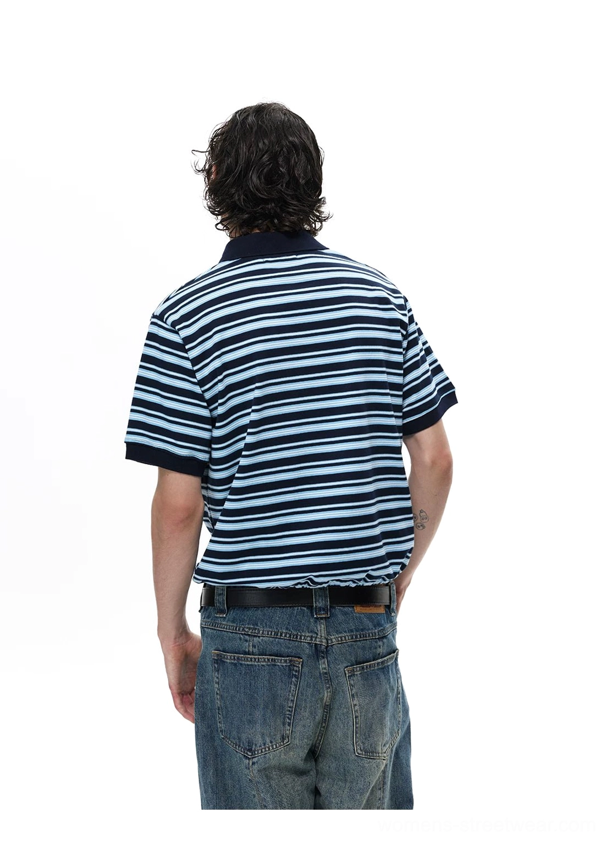 Relaxed fit navy blue striped polo shirt for Korean inspired casual streetwear