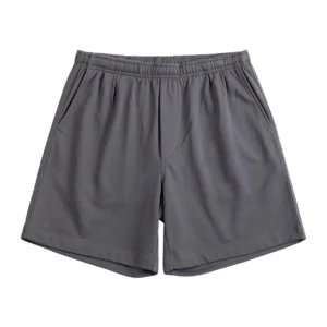 Dark charcoal gray relaxed fit casual streetwear shorts with elastic waist, front pleats and discreet side pockets on a white background