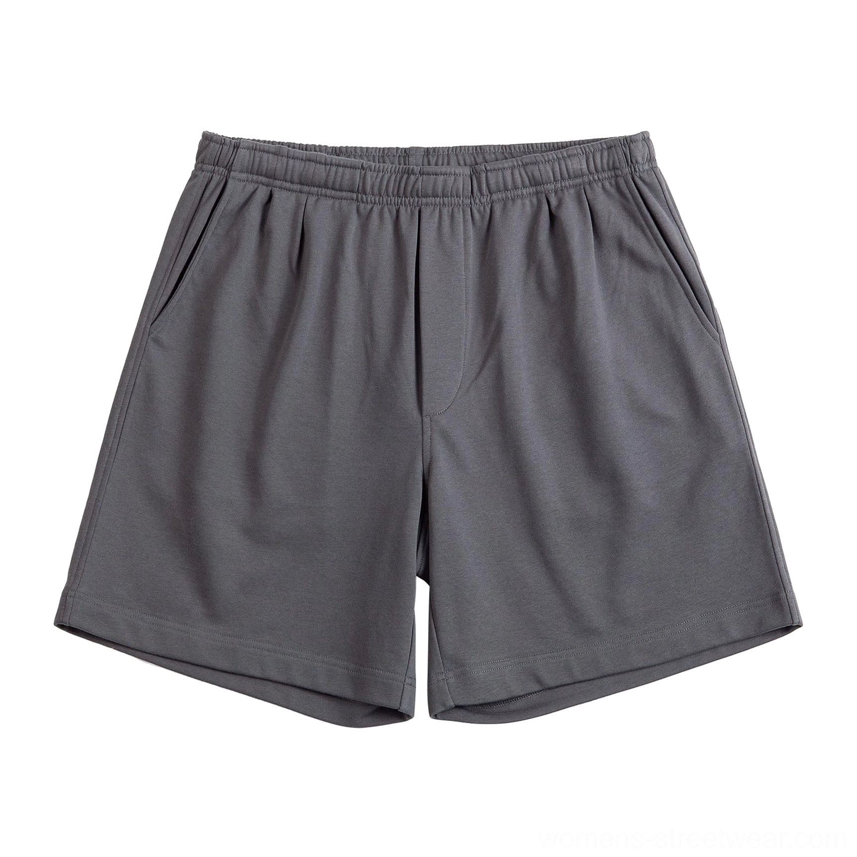 Dark charcoal gray relaxed fit casual streetwear shorts with elastic waist, front pleats and discreet side pockets on a white background