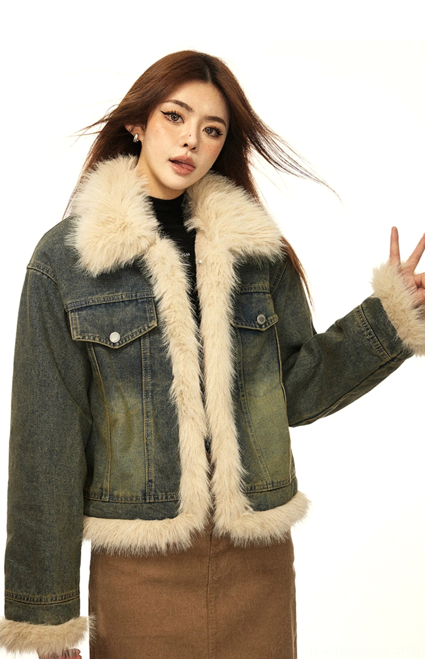 Full front display of a relaxed fit vintage faux fur lined denim jacket paired with a brown midi skirt in Korean street style