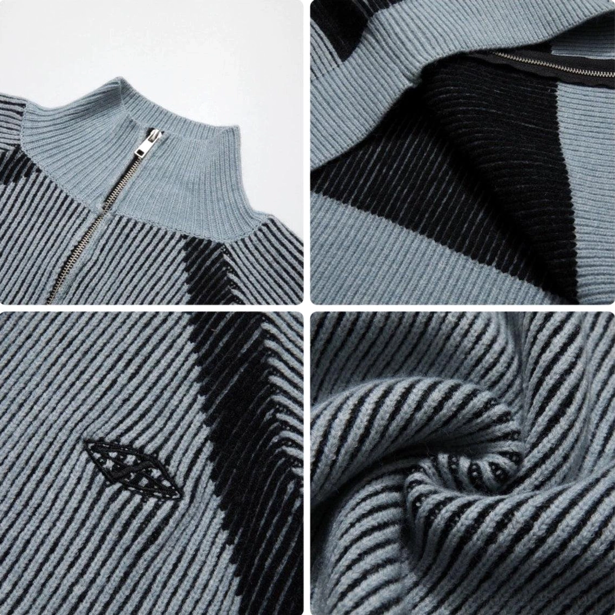 Relaxed high-neck oversized knit zip cardigan designed for Korean streetwear layering with ribbed texture and contrast details