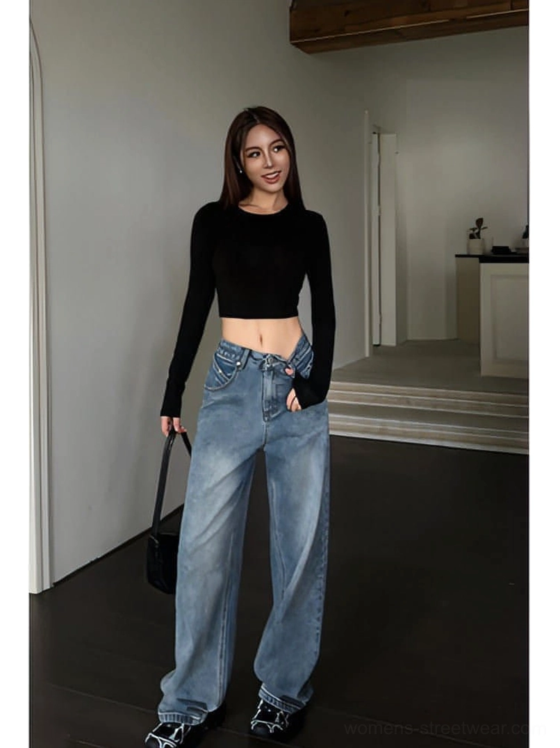 Product image of relaxed high-waist wide-leg blue denim jeans with vintage washed finish