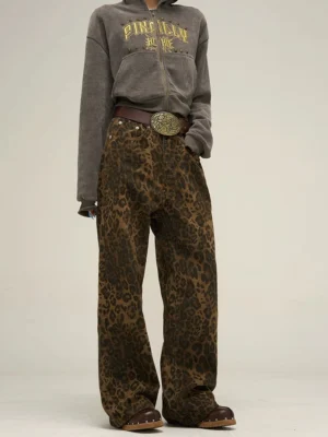 Three-quarter view of relaxed leopard print wide leg pants with flowing cotton-blend fabric and casual Seoul streetwear styling