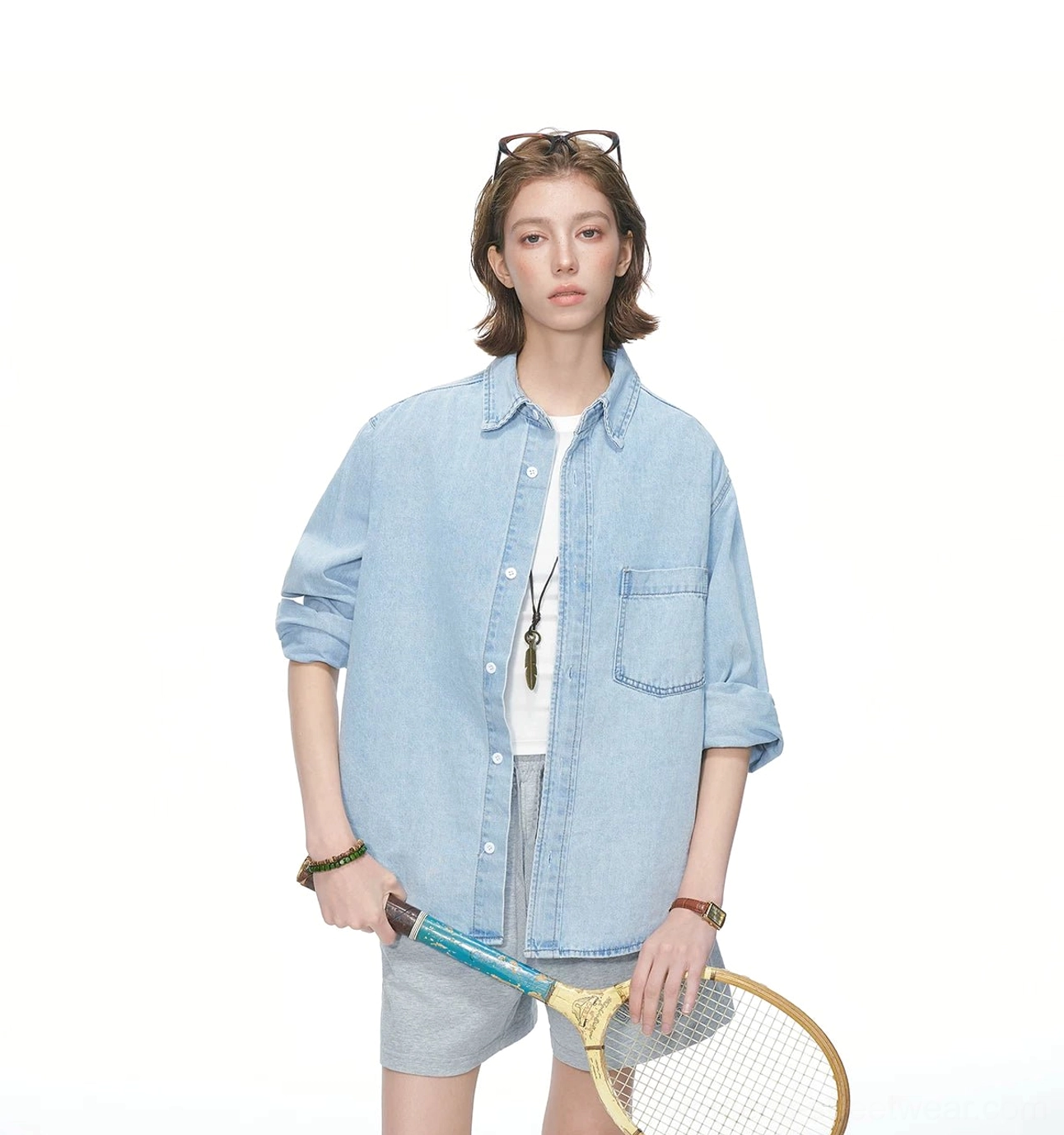 Relaxed fit oversized denim shirt designed for Korean fashion outfits, casual layering, and modern workwear styling