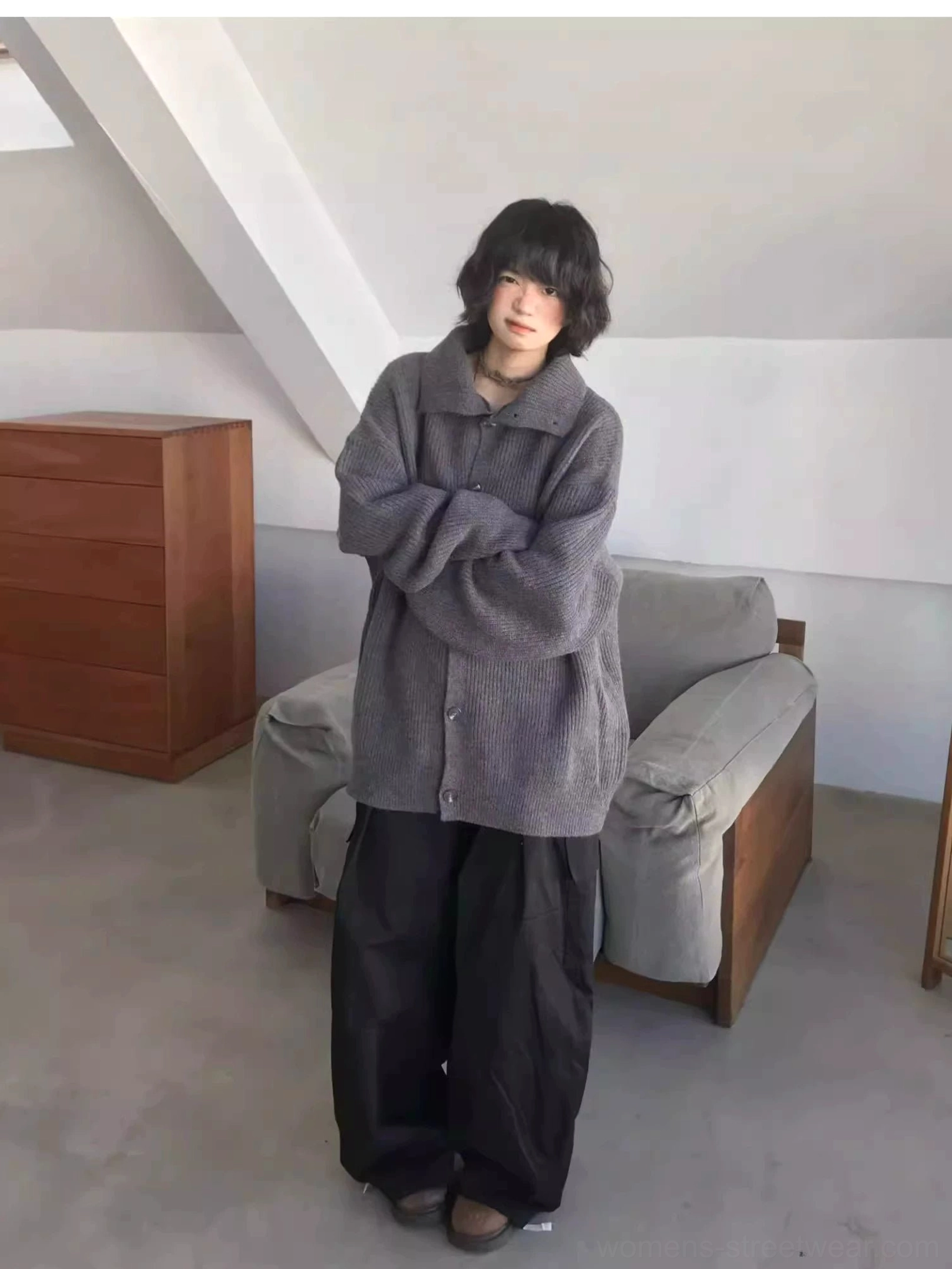 Relaxed oversized knit cardigan sweater with long sleeves for Y2K Korean fashion and everyday streetwear