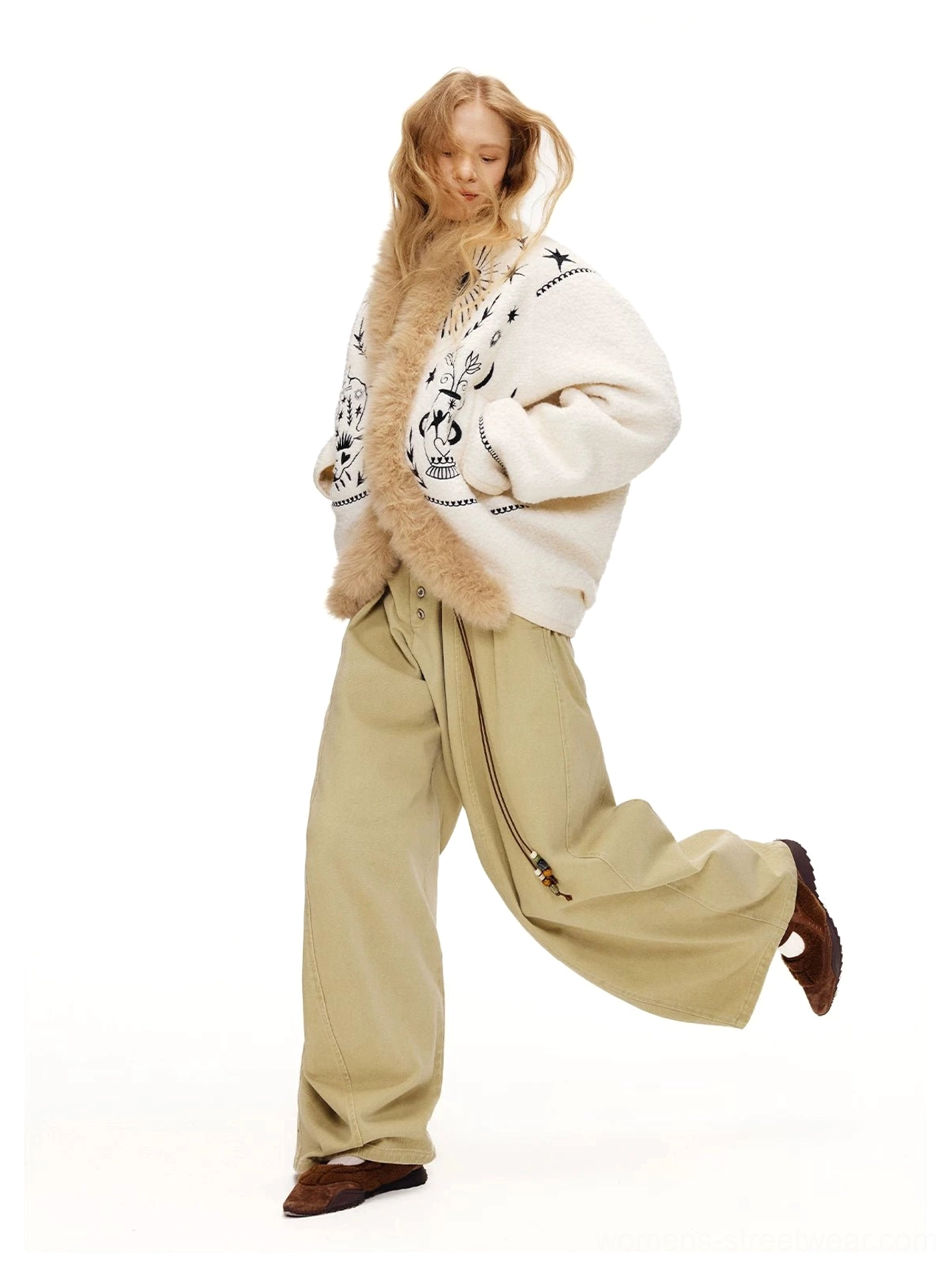 Relaxed oversized moonlight white fleece streetwear jacket styled with loose wide leg trousers