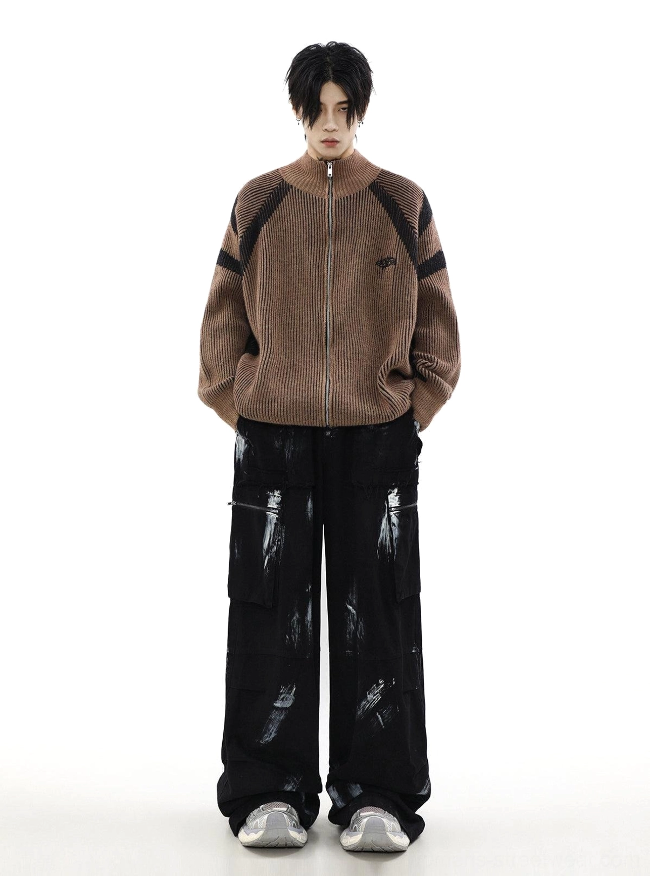 Relaxed oversized striped knit cardigan with high collar, full zip front, and contemporary Seoul-inspired streetwear aesthetic