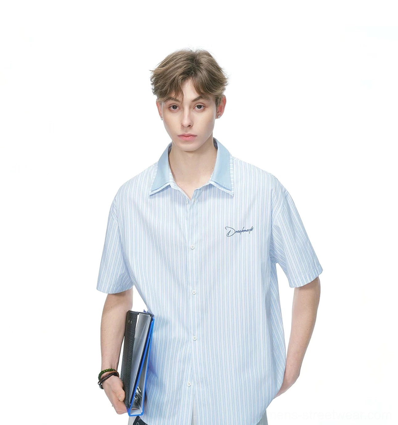 Relaxed pinstripe contrast collar short sleeve button up shirt in contemporary Seoul inspired streetwear style